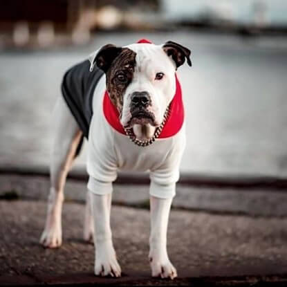 @itshenrythebully hanging out by the water in his Spark Paws Red, White, Navy Dog Hoodie.