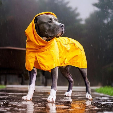 Pitbull in a yellow Sparkpaws rain coat