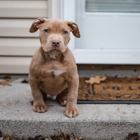 A brown pitbull puppy waits on the front porch