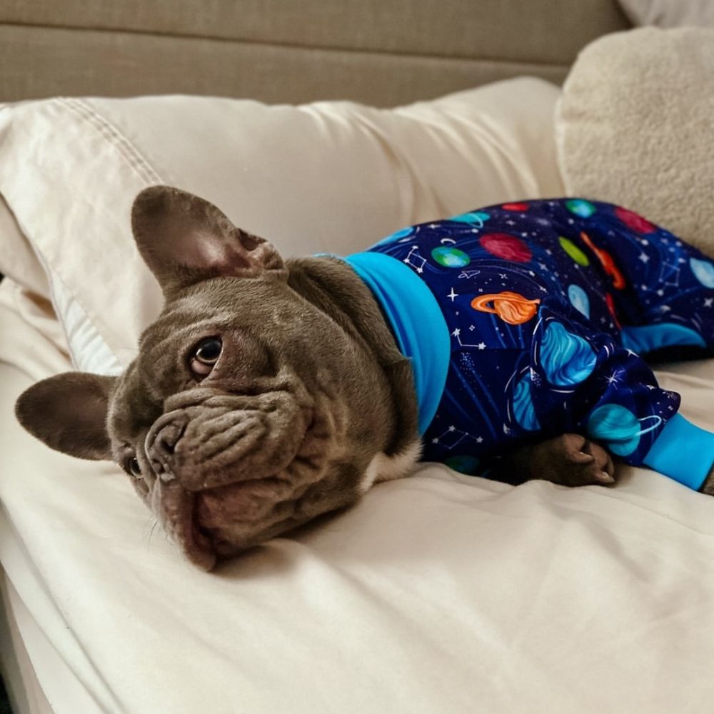 A dog is lying on a bed with head resting on a pillow wearing a blue pajama onesie