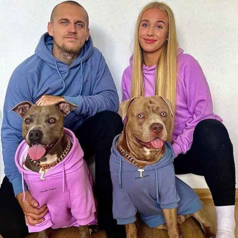 Pitbulls and owners in matching hoodies