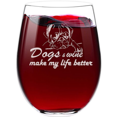 wine glass with a dog printed in white