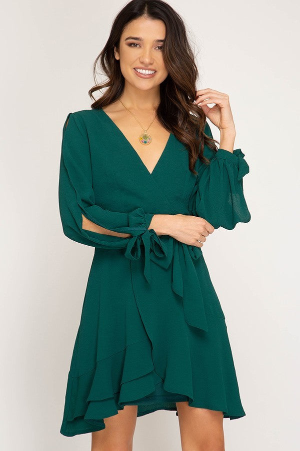 my whole heart emerald green long sleeve wrap dress