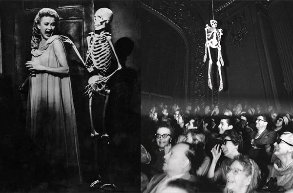 R: A scene from House on Haunted Hill (1959); L: Emergo, a wire-controlled skeleton at a showing of House on Haunted Hill