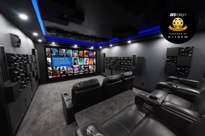 Forward facing / angled view of home theater. Finished room