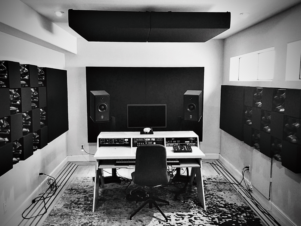 Black and White image of custom, in-home music studio