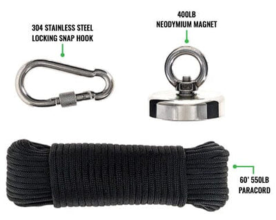 400 LB Pull Strength Magnet Fishing kit with 60'/500 Lb Paracord and 304  Stainless Steel Snap Hook, High Plains Prospectors