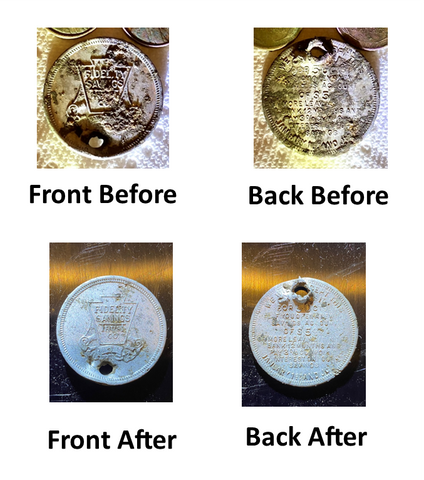 before and after of aluminum trade toke clean up with BU Plus coin solvent