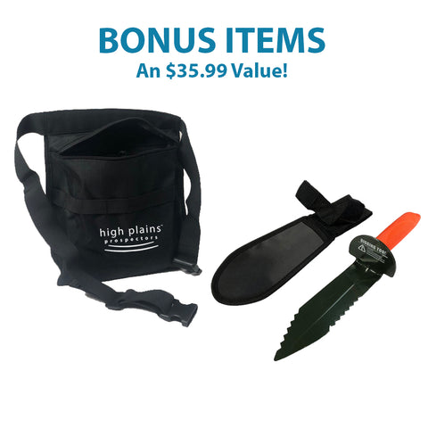 Free bonus items come with the Minelab Vanquish 440 metal detector including a High Plains Prospectors finds pouch and a serrated edge digging tool.