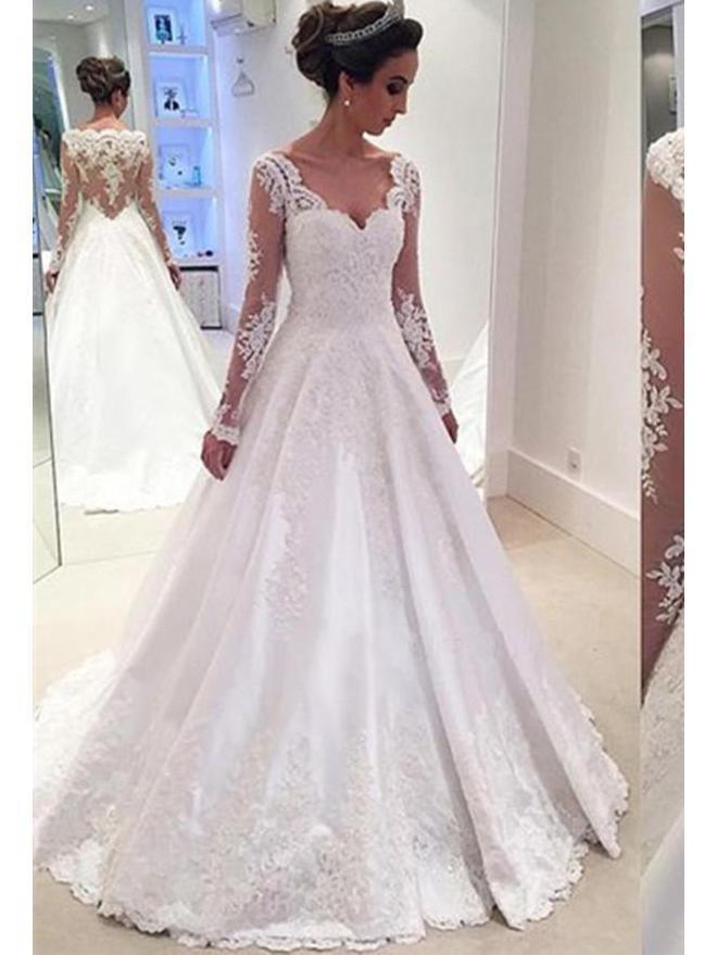 Long Sleeve Lace A Line Cheap Wedding Dresses Online Wd335