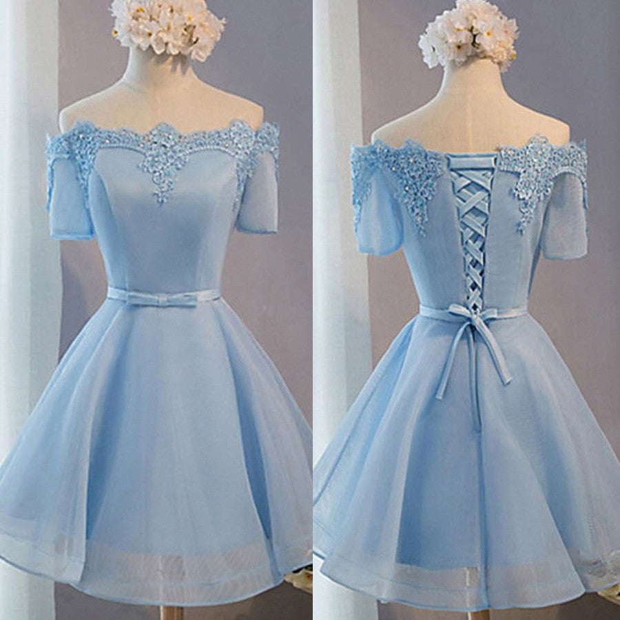 baby blue off the shoulder prom dress