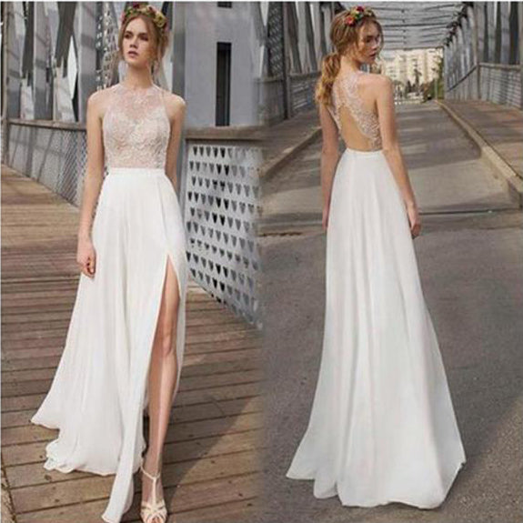 Beautiful White Side Split Prom Dress Open Back Charming Bridesmaid