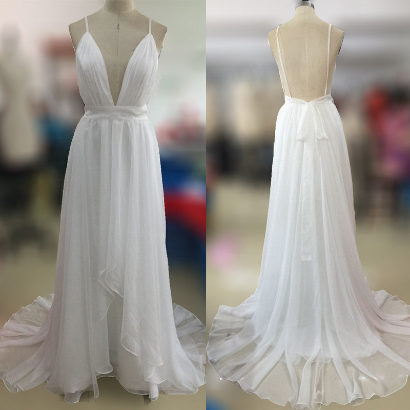 Affordable Simple Open Back White V Neck Beach Wedding Dresses