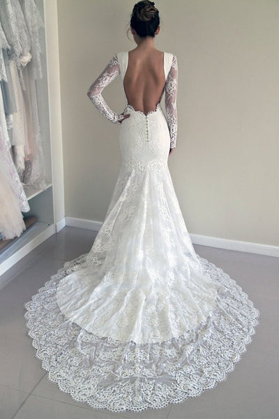 Mermaid Long Sleeves Open Back Long Lace Wedding Dresses, PM0613 – Prom ...