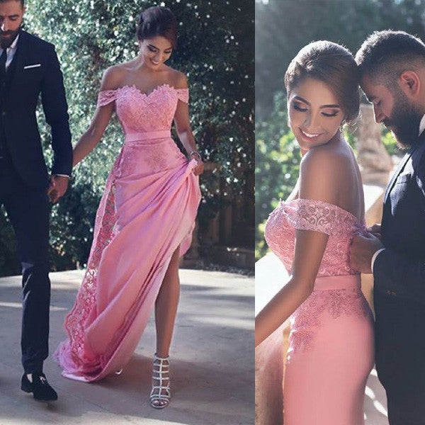 off the shoulder dusty rose bridesmaid dress