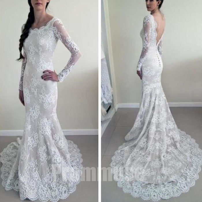 Long Sleeves Mermaid Backless  Lace Long Cheap  Wedding  