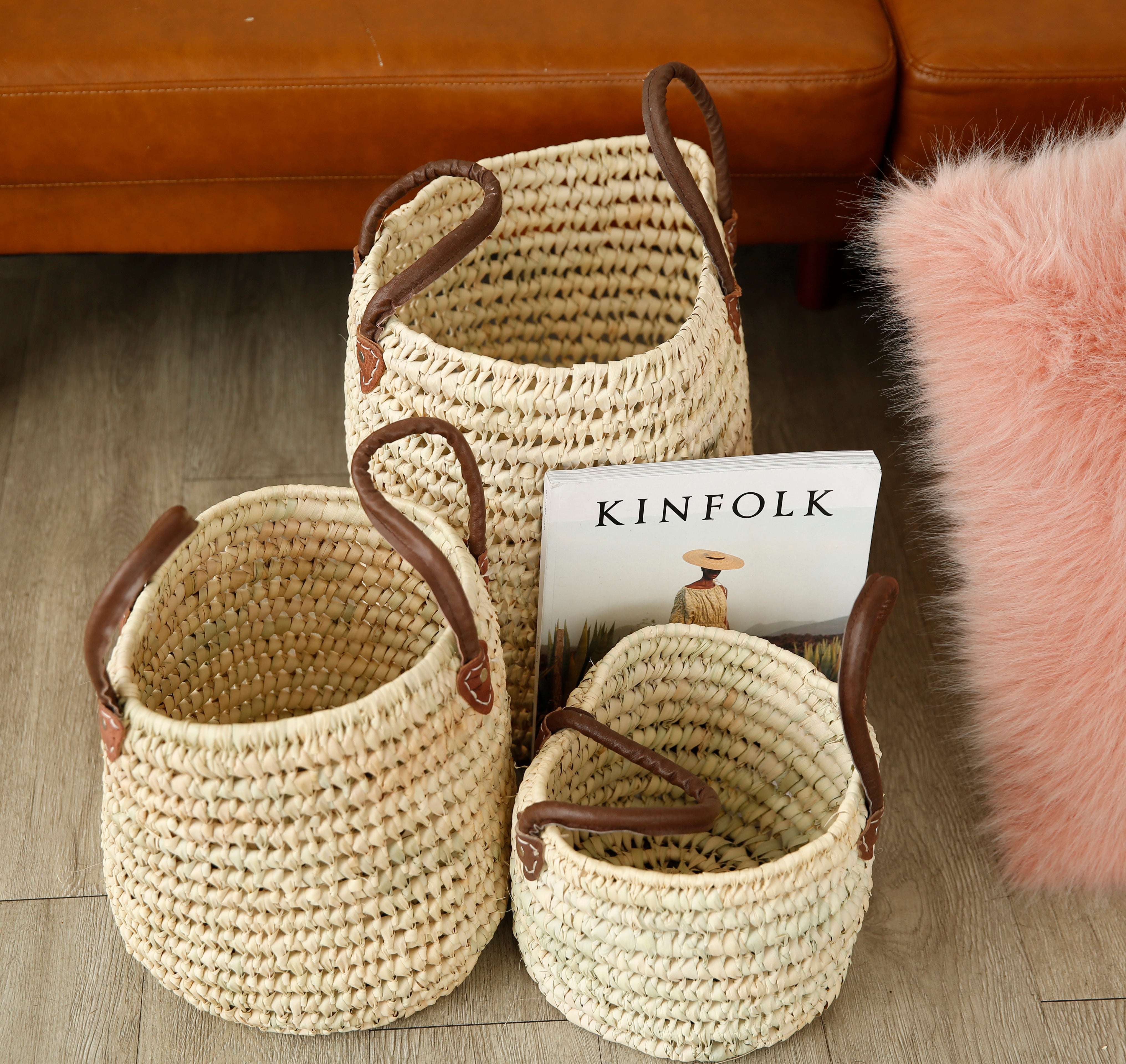 Round Straw Basket with Leather Handle - Set of 3