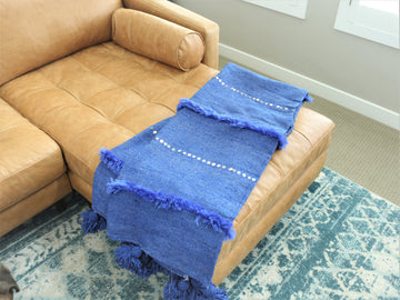 Blue Cotton Sequin Pom Pom Blanket