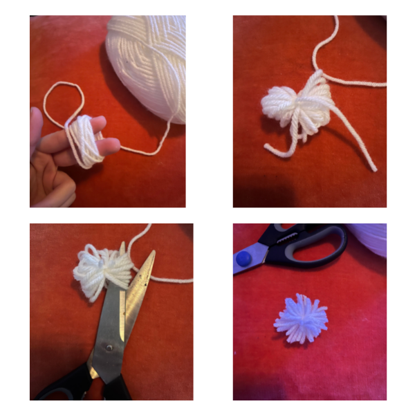 Four pictures showing how to make a pom pom out of yarn