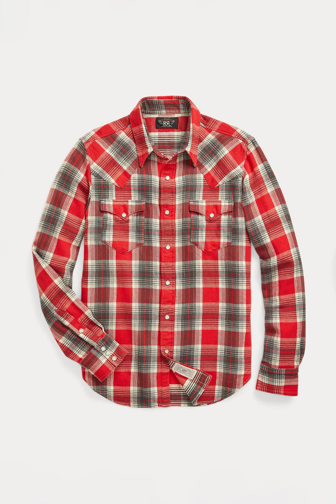 RRL Slim Fit Plaid Jersey Western Shirt, Red/Cream Multi