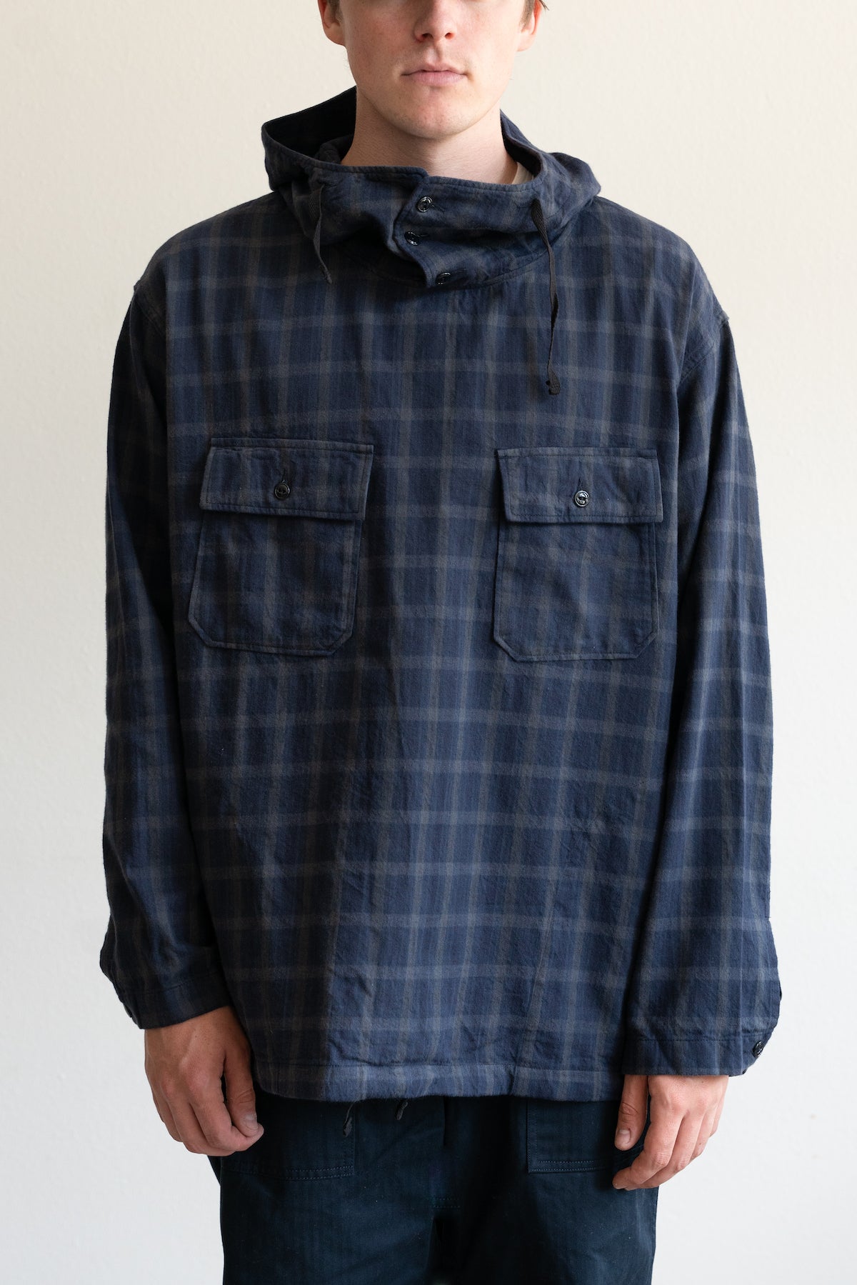 Engineered Garments Cagoule Shirt | Navy/Grey Cotton Flannel Plaid