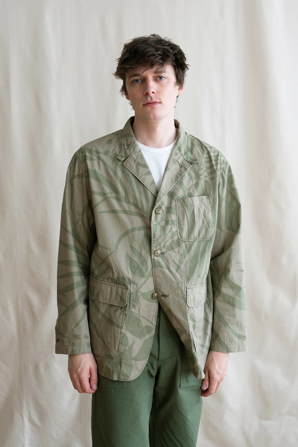 Engineered Garments Loiter Jacket | Khaki Olive Leaf Print Cotton