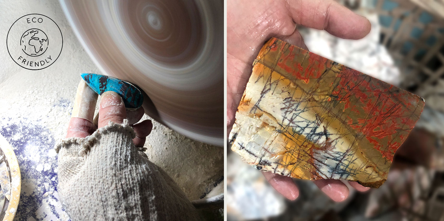 Crafting turquoise on wheel and multicolored stone, hands showcase sustainable art