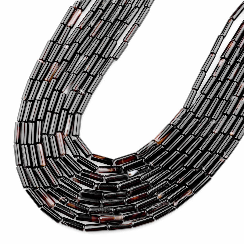 Natural Black Agate Beads Long Thin Tube 15.5" Strand