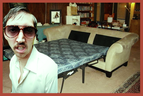 Creepy man in sunglasses in front of a sleeper sofa - My Couch Pulls Out but I Don't