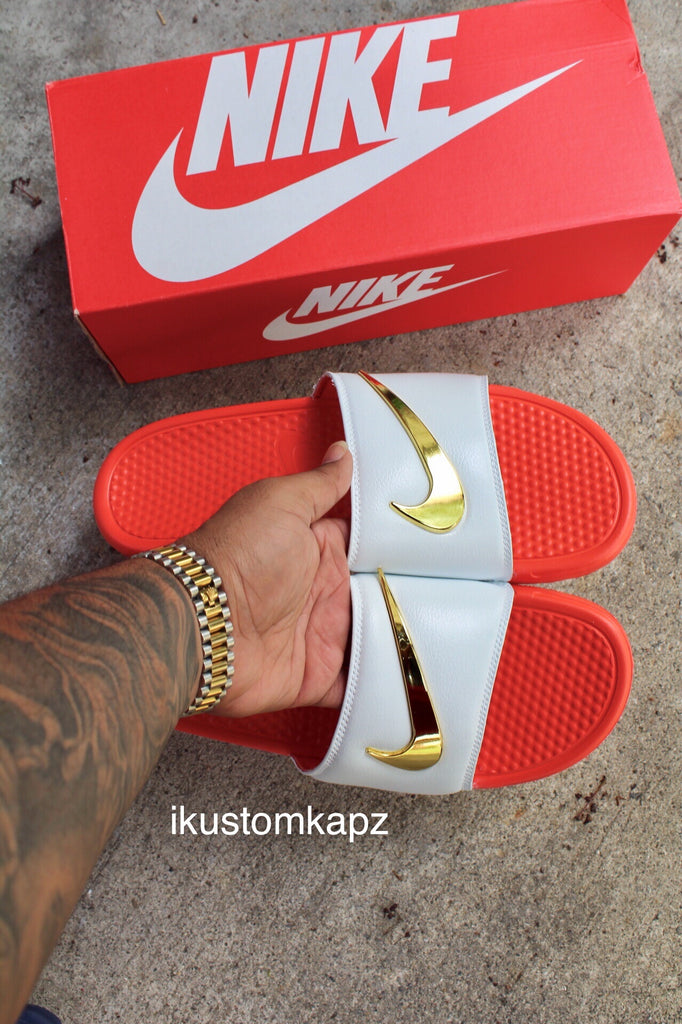 nike maroon slides with gold check