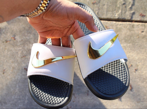 green and gold nike slides