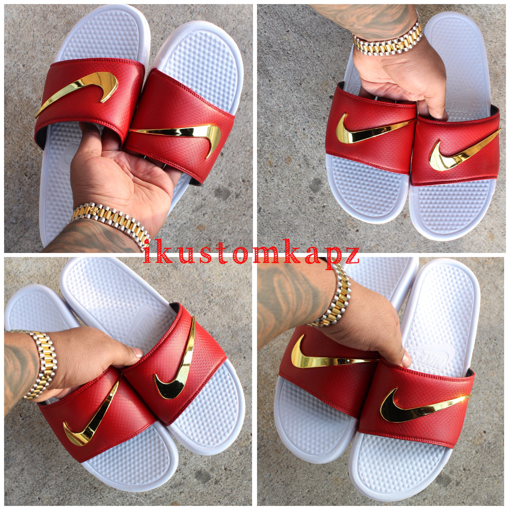 nike red and white slides