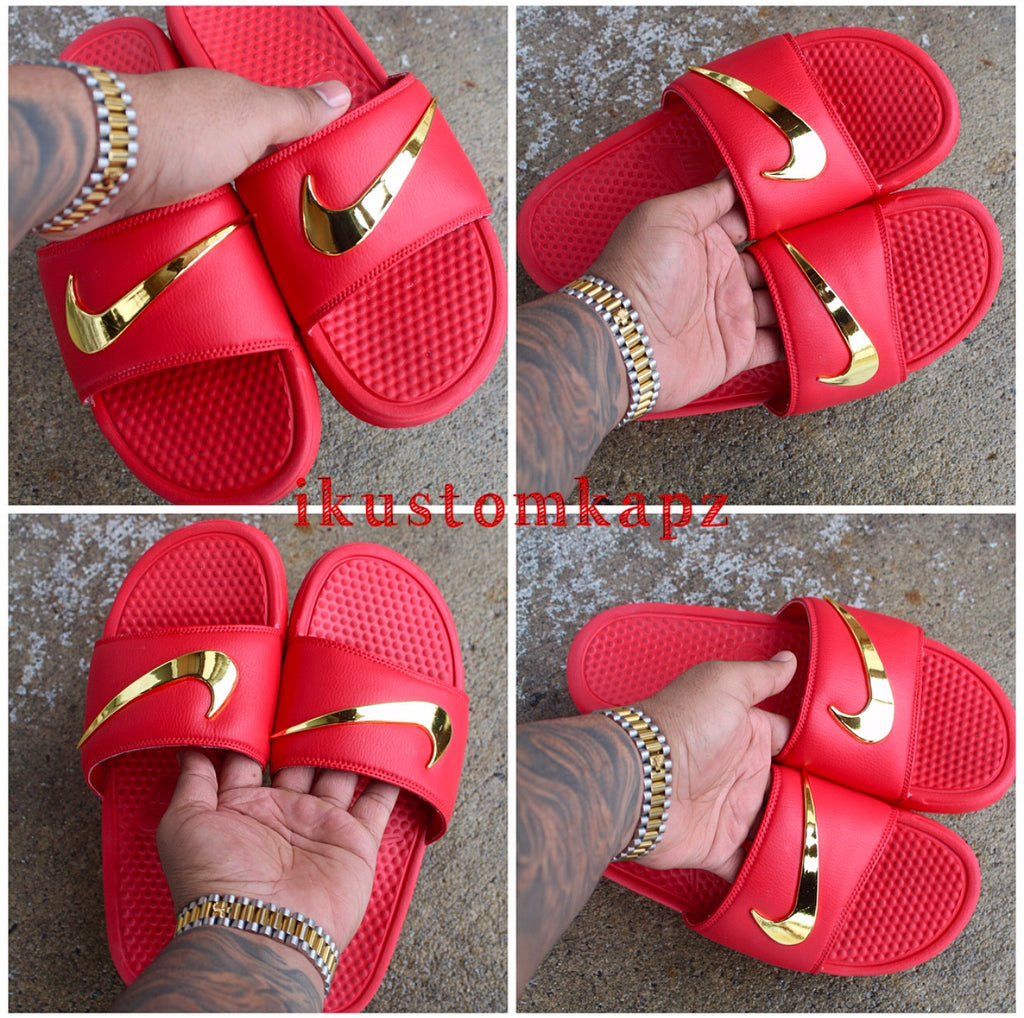 red and gold nike slippers