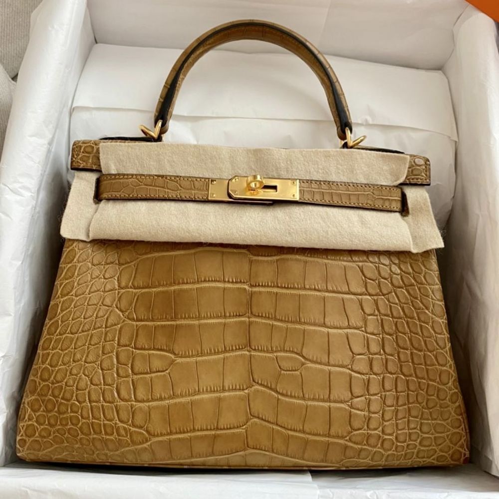 Hermes Kelly 28 Touch Gold Togo/Croco Palladium Hardware - Vendome