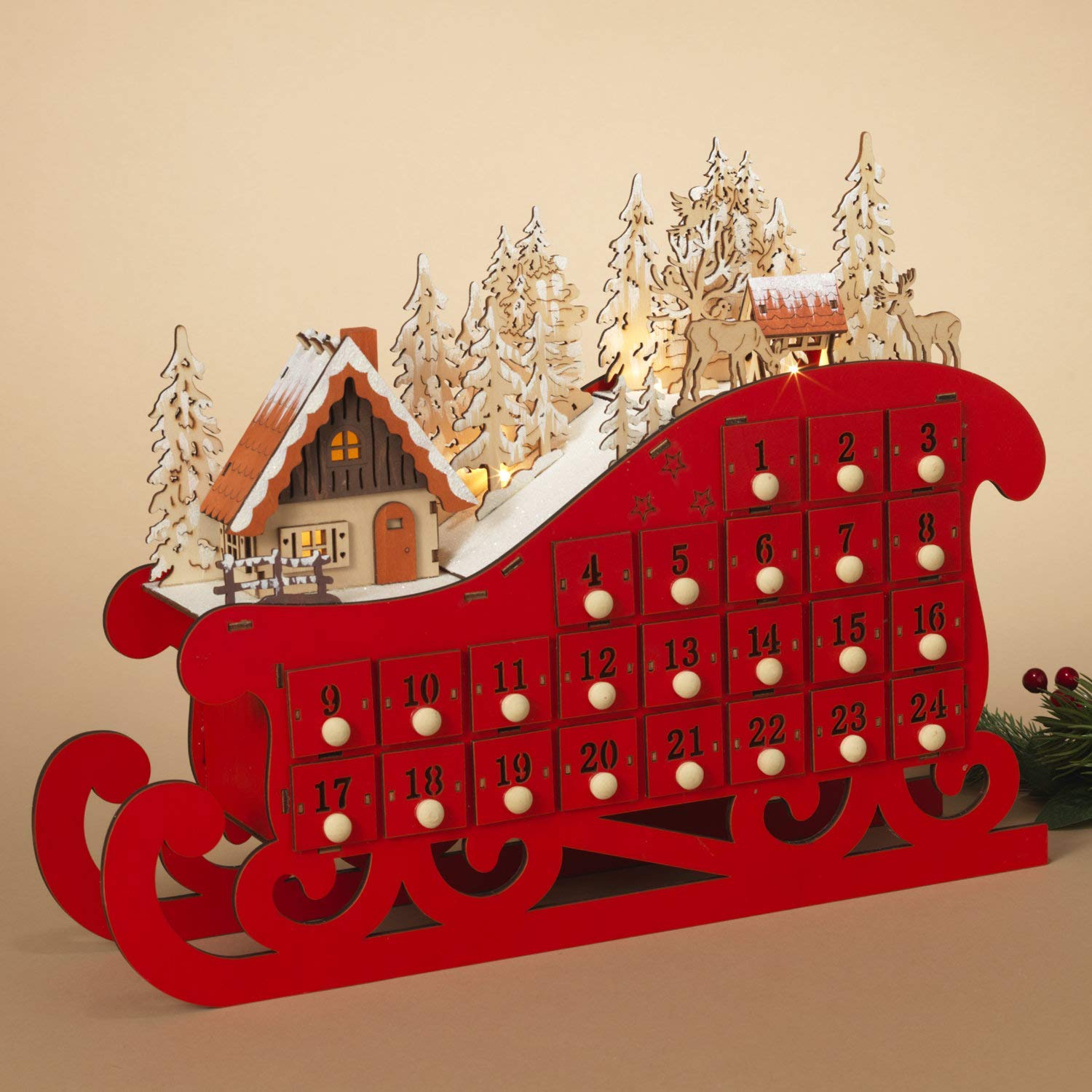 LED Lighted Red Wooden Bavarian Sleigh Advent Calendar Christmas Cou