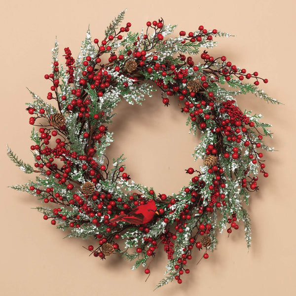Holiday Red Berry and Snowy Greenery Wreath with Cardinal for Front Do ...