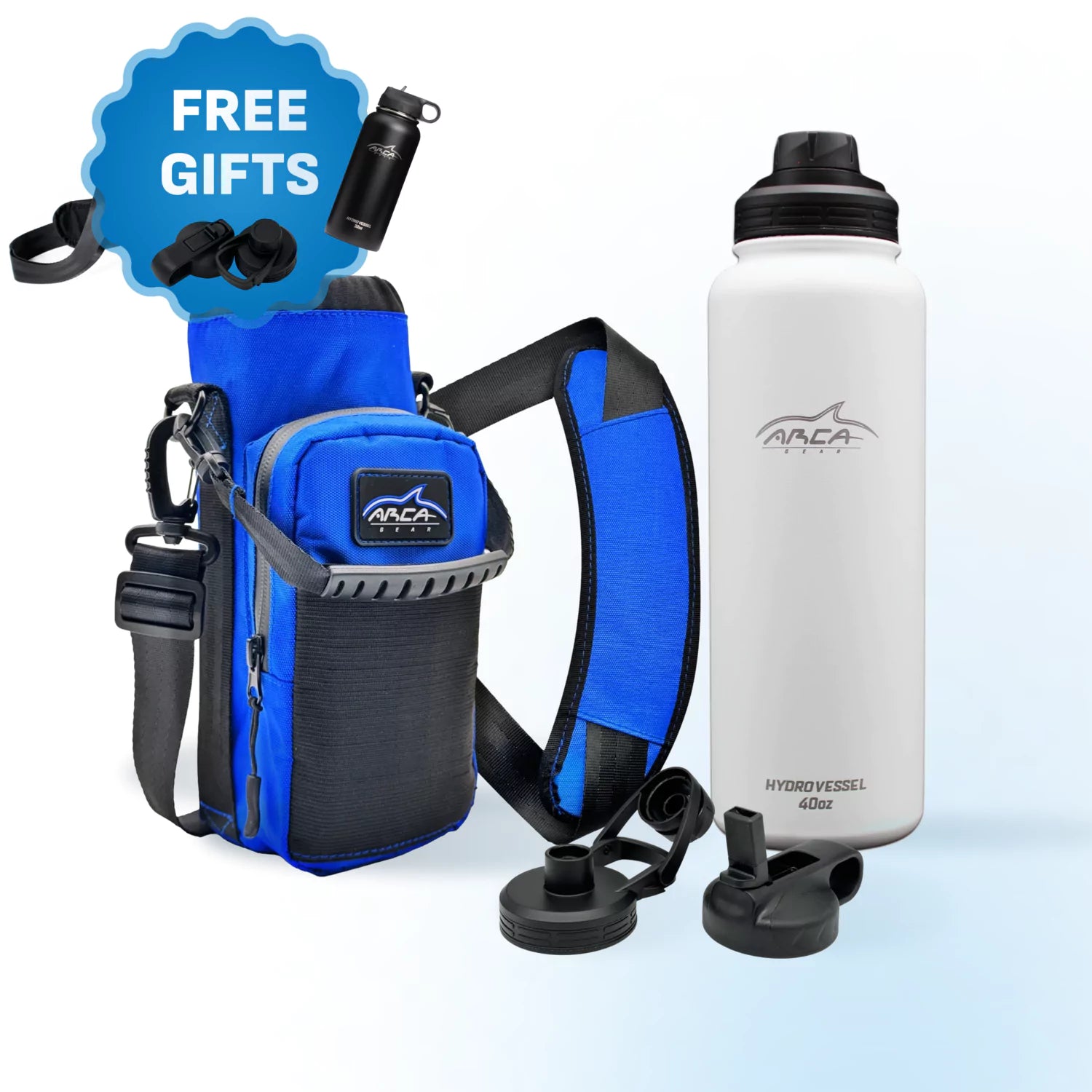 Blue and black hydration pack with a white water bottle and extra lids.