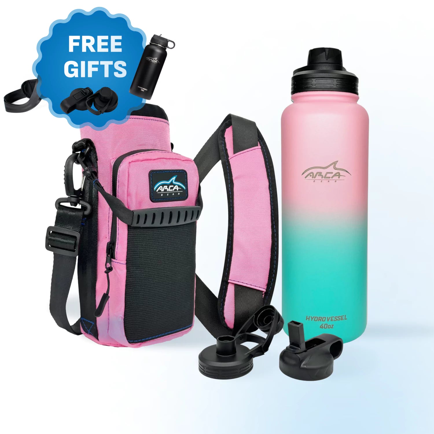 Pink water bottle holder and gradient bottle with black accessories, featuring 'Free Gifts' label.
