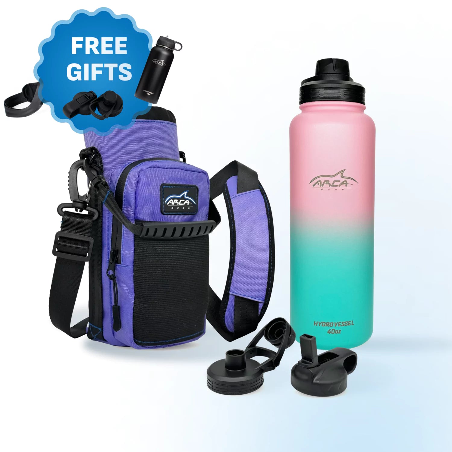 Purple carrying case and pink-green gradient water bottle with lid attachments.