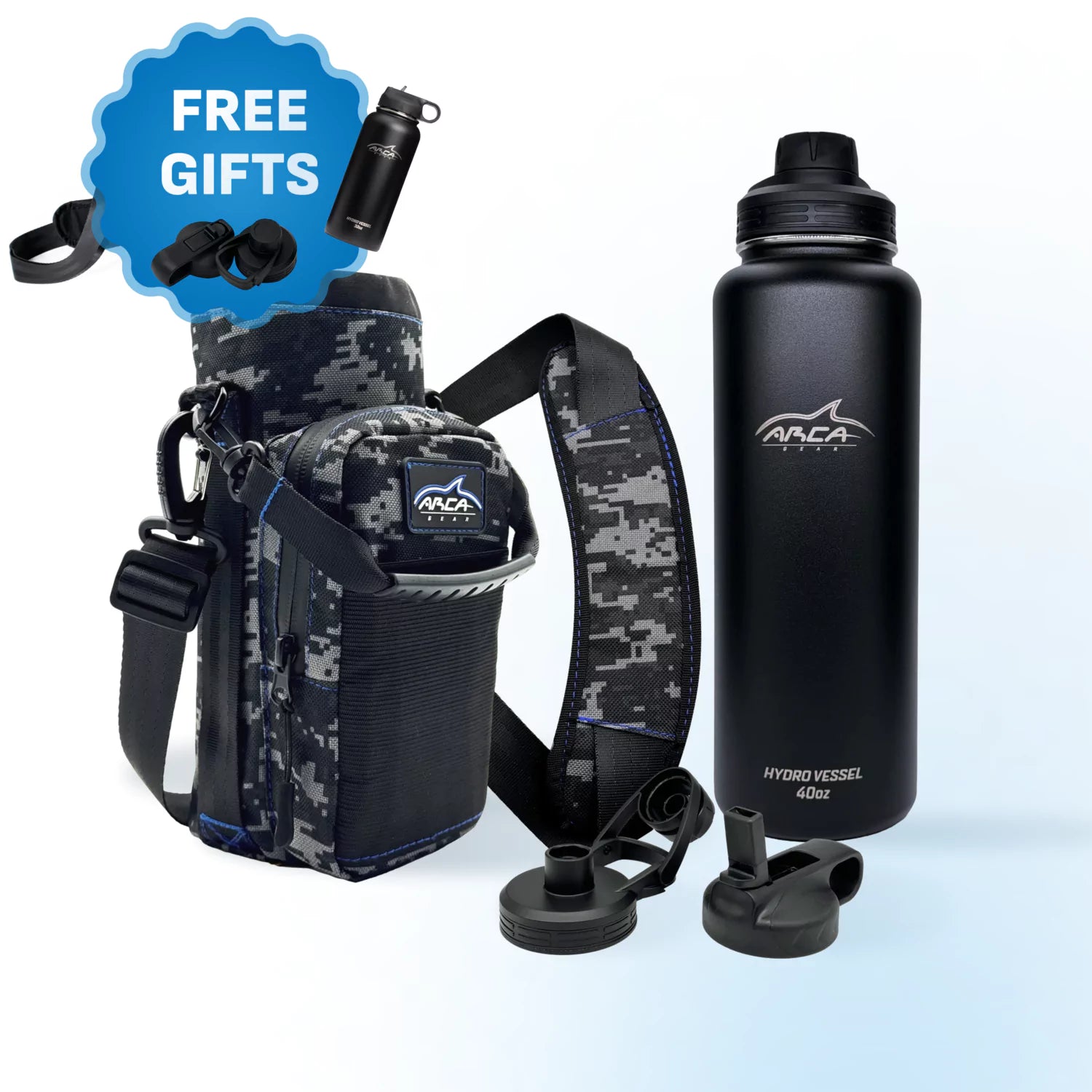 Camouflage cooler bag and black water bottle with extra lids, plus free gifts sticker.