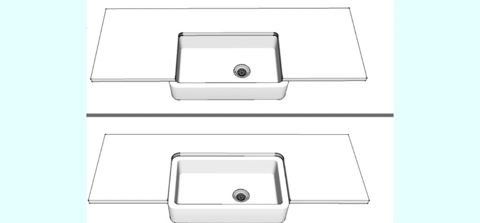 Two different counter cutting options. Option A is recommended with thin wall sinks