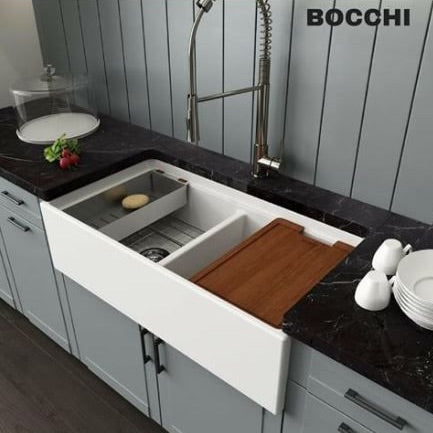 Bocchi step rim double bowl farmhouse sink with black countertop