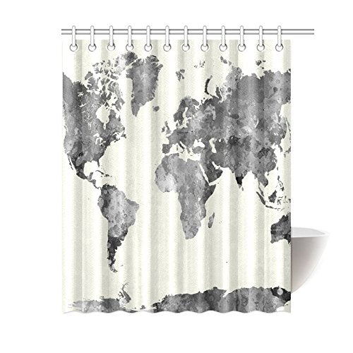 Grey Globe Art Home Bath Decor World Map Polyester Fabric Shower Curt Zenzzle