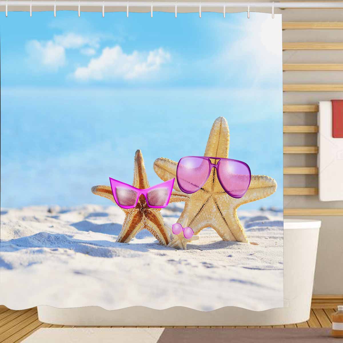 Starfish on the beach printed Shower Curtains