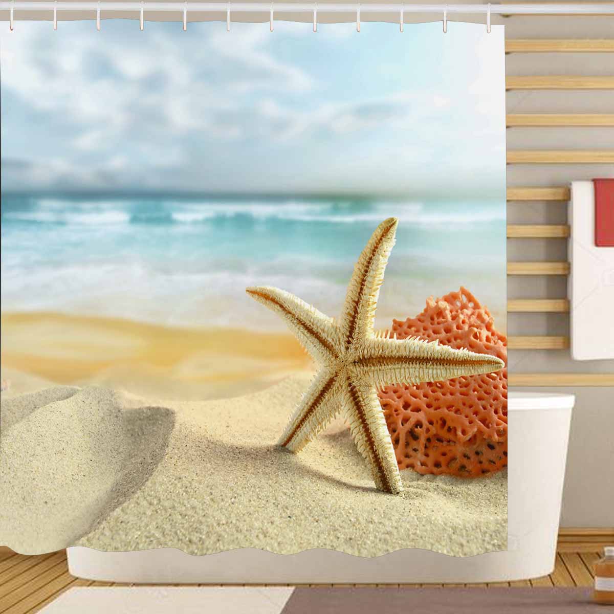 Shower Curtains print with Starfish on the Beach