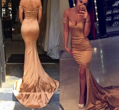 off the shoulder gold prom dress