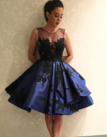 Dark blue lace short prom dress 