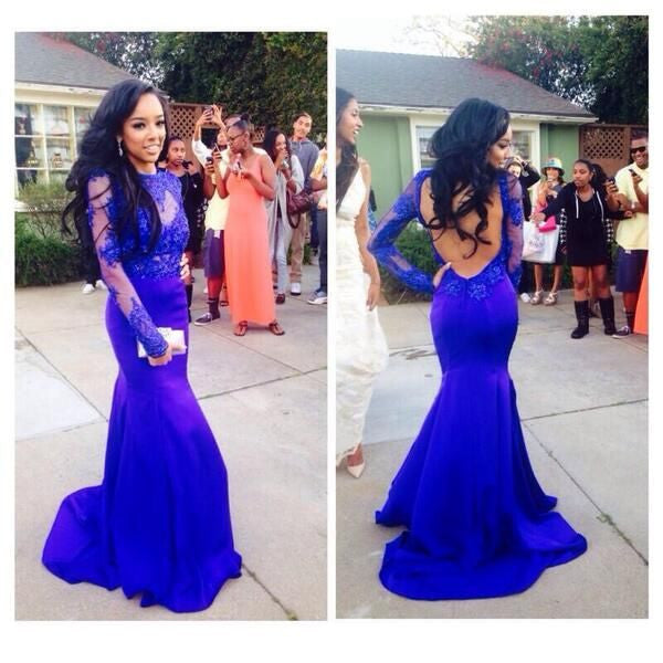 royal blue prom dress with lace sleeves