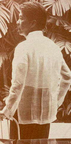 The back of Chito Antonio’s Barong Tagalog which features wide spaced vertical pleats