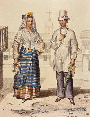 Métis Chinois ou Sangley, 1846, by Jean Mallat - Chinese Filipino couple dressed in Barong Tagalog, baro't saya and other filipiñiana clothing and accessories 